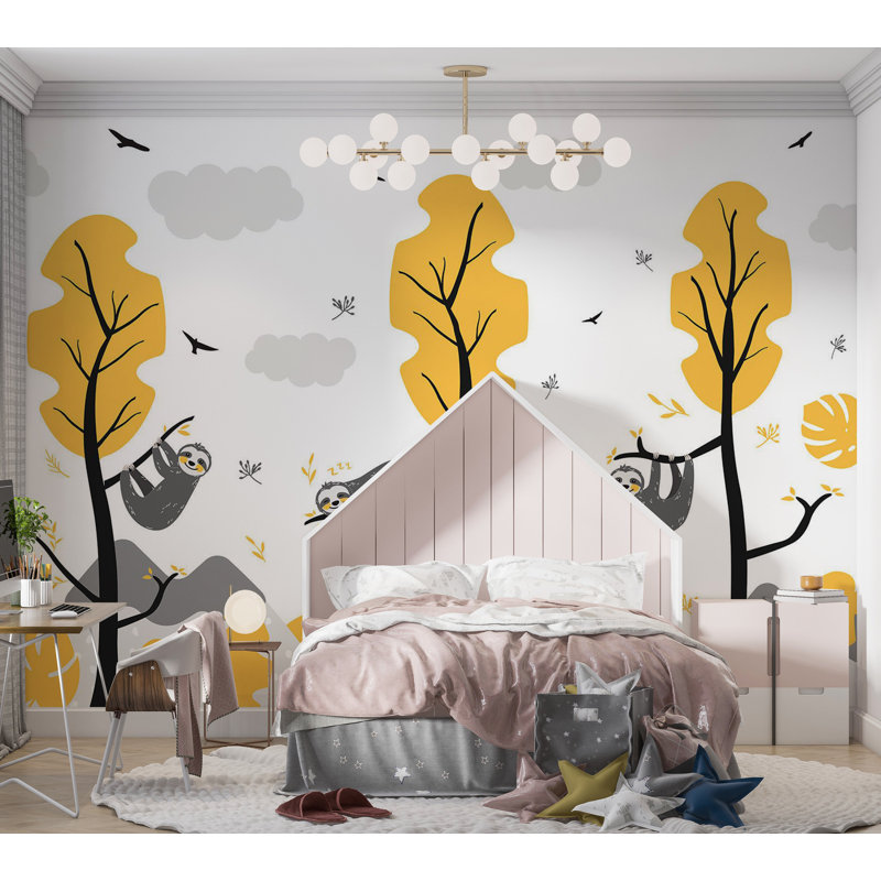 Adhésif mural pelez et collez les enfants - mignons paresseux, L 57 po x L 41 po