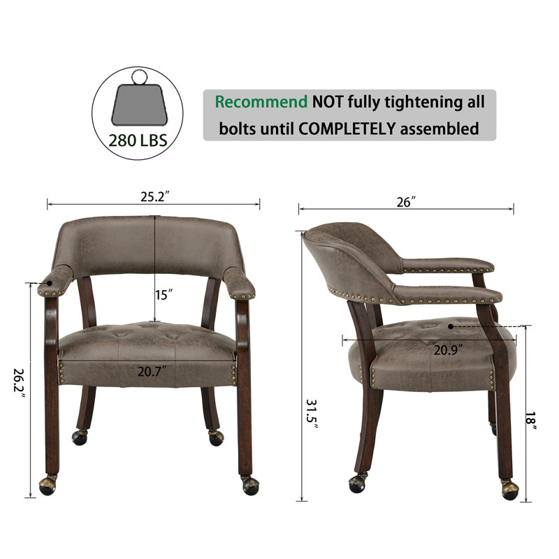 Swivel Tufted Dining Chairs With Casters And Arms, Dark Brown, Espresso Wood