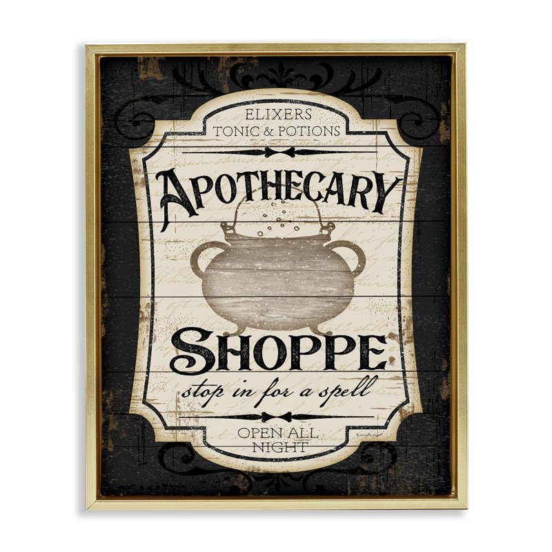 Enseigne d'apothicaire Shoppe Spooky, Cadre flottant métallique doré, H 21 po x l 17 po
