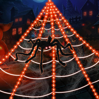23Ft Spider Webs Lights Halloween Decorations,180 Orange LED Light Decor With 8 Modes,49'' Giant Glowing Spider Super-Realistic,Battery Operated Halloween Light Outdoor For Décor
