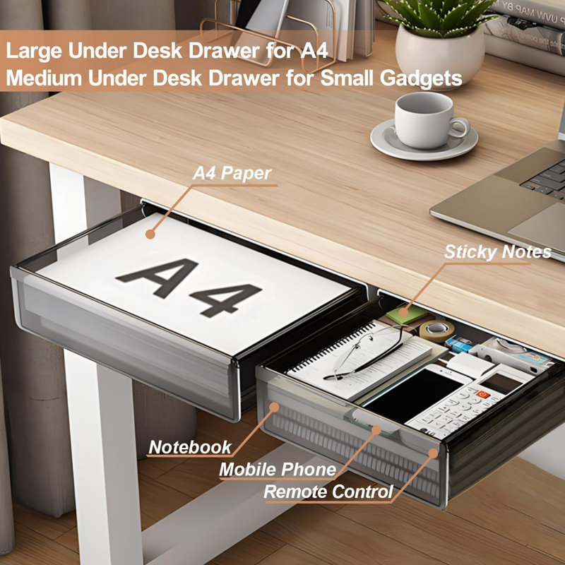 Under Desk Table Drawer Storage Organizer,2 Pack Large, Medium Slide Out Desk Drawers, Hidden Desktop Organizer,Clear Black