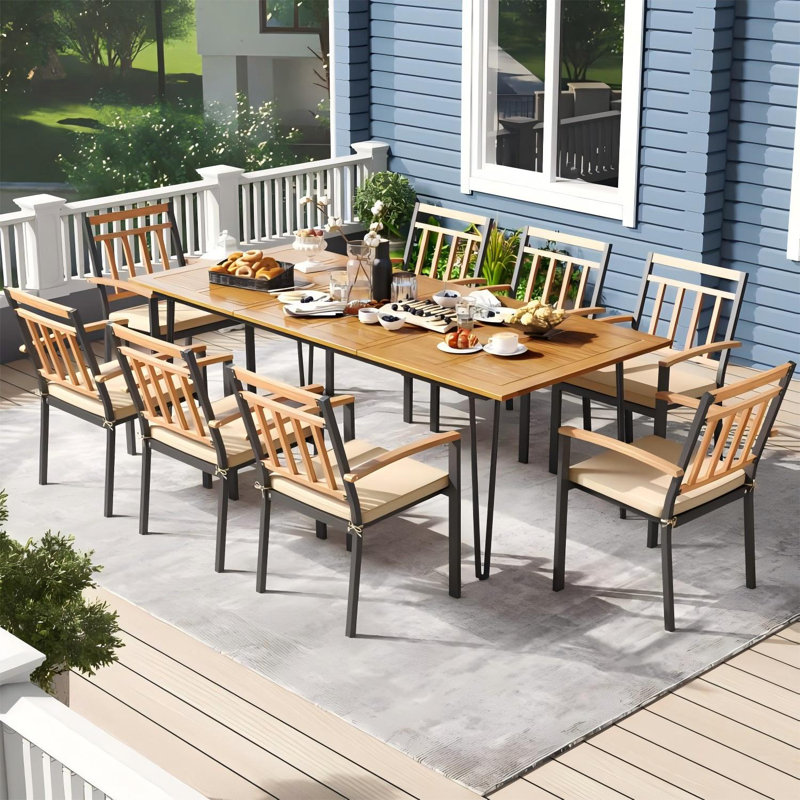 9 Pcs Patio Dining Table Chair Set, 86.5 In. L Dining Table With Umbrella Hole