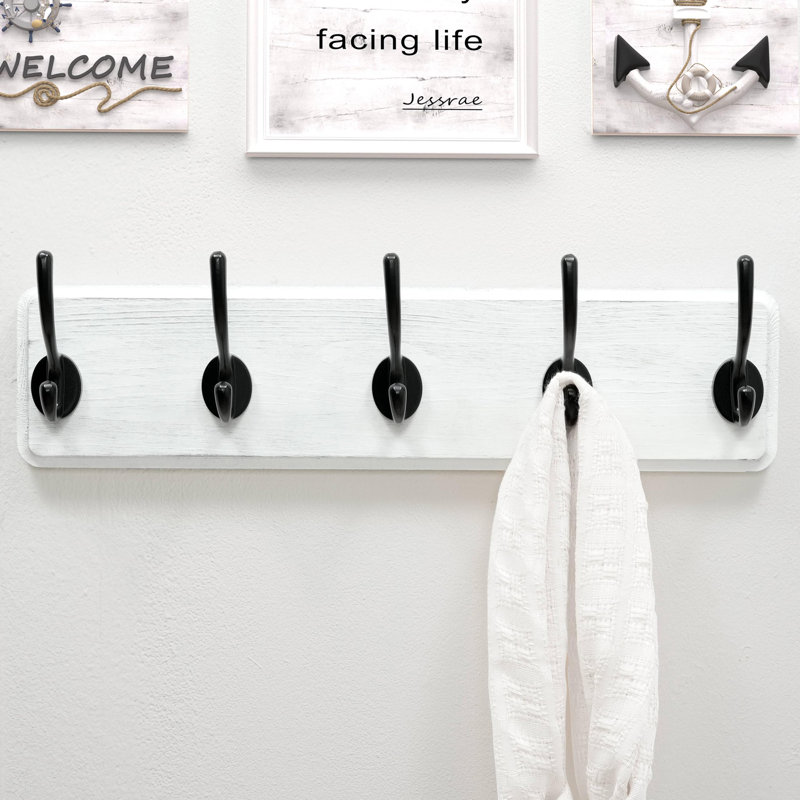 17.4" Long 5-Double-Hooks Wooden Coat Rack Wall Mount, White