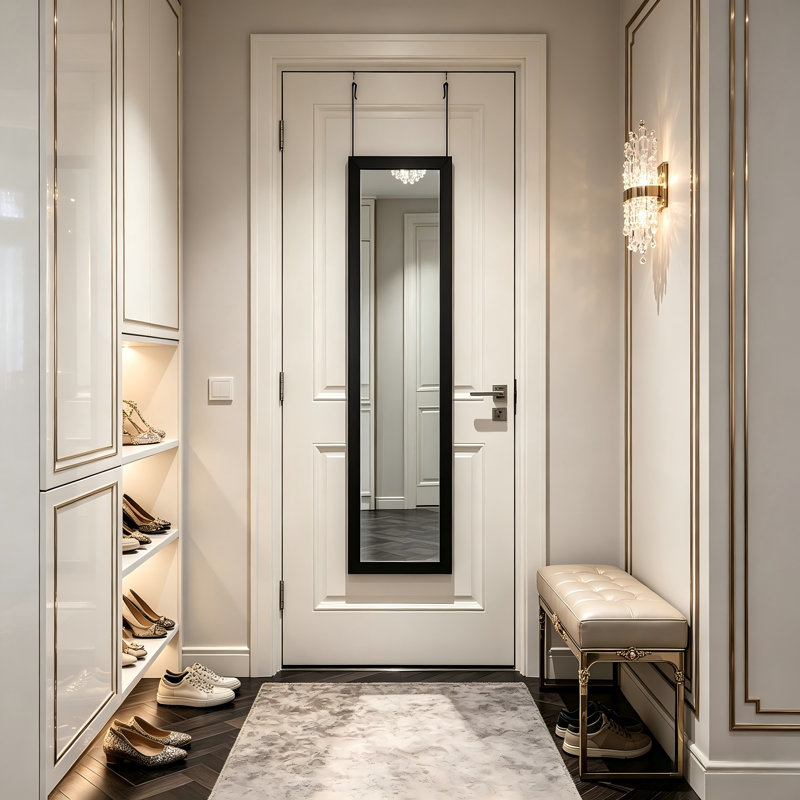Black Square Door-Mounted Mirror, 14" X 50", Regular Size, Highly Adaptable To Installation.