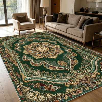 Tapis de salon persan médaillon en émeraude de 1 pièce pour le salon, doux et confortable, adapté à toutes les saisons, facile à entretenir, lavable à la machine, tapis de dessous de table adapté pour la table à manger, la chambre à coucher, l'entrée, le bureau, le porche,