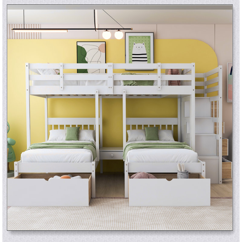 Full Over Twin & Twin Bunk Bed, Wood Triple Bunk Bed With Drawers And Guardrails, White