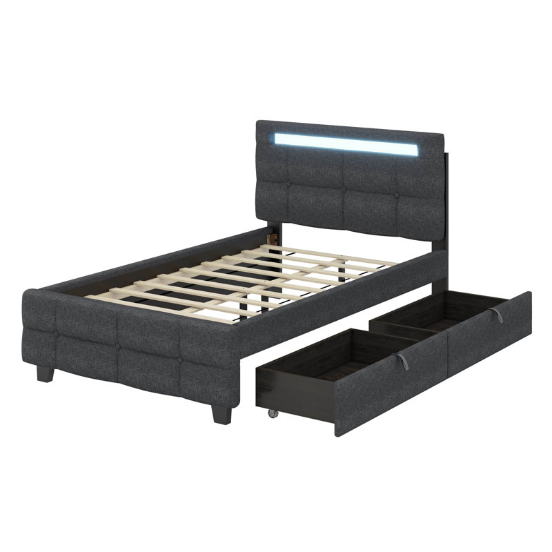 Lit simple tapissier avec cadre à DEL et 2 tiroirs, gris