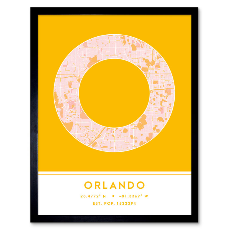 Orlando Florida United States City Map Yellow 1 Piece Single Picture Frame Wall Art