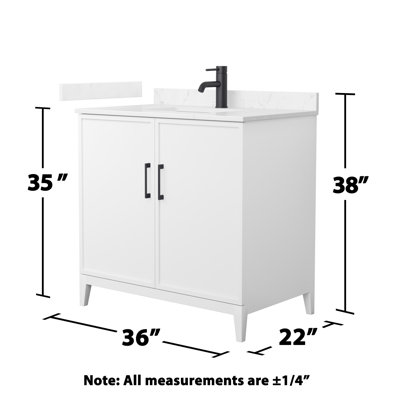 Meuble-lavabo simple 36 po Elan en blanc, plateau en marbre de culture blanc, bordure noire