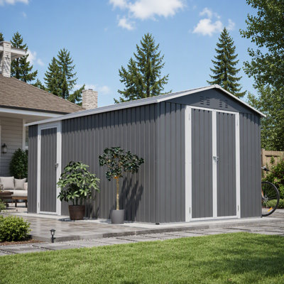 Remise de rangement extérieure en métal 8 pi x 12 pi avec porte latérale supplémentaire, grande remise à outils avec 2 portes verrouillables pour un accès facile, structure en aluminium, rangement de patio de jardin gris
