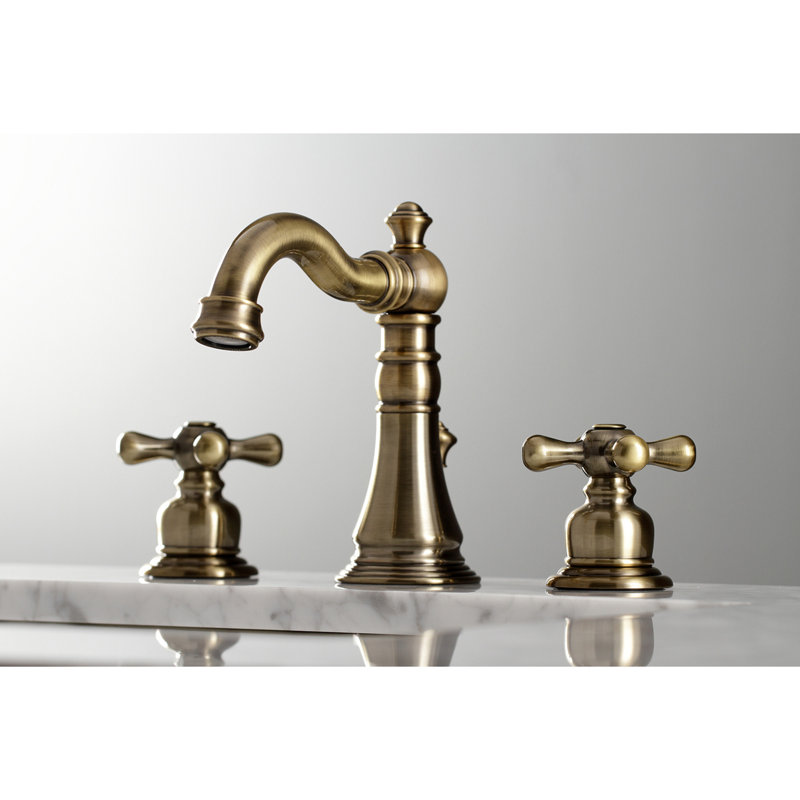 Kingston Brass American Classic Two-Handle 3-Hole Deck Mount Widespread Bathroom Faucet with Pop-Up Drain, Vintage Brass