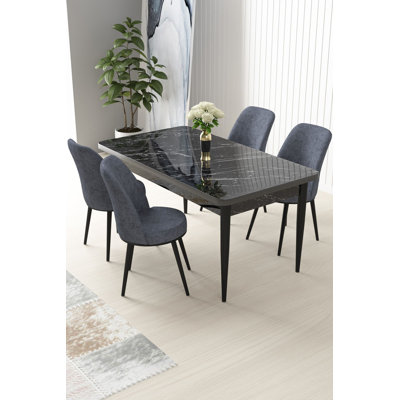 Ensemble de table et chaises de salle à manger moderne 5 pièces, couleur marbre noir et fumée | 100% panneau de particules revêtu de mélamine, table: 43,3 po x 29,9 po x 29,9 po, chaises: 17,7 po x 35,8 po x 16,5 po | Pieds en métal, sièges en mousse confortables, design élégant et durable