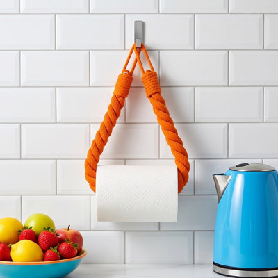 Porte-papier hygiénique en corde tressée avec pince à gobelet en plastique, 65 cm, boucle de suspension, organisateur de rangement pour rouleaux de papier hygiénique, sans perçage, porte-papier décoratif