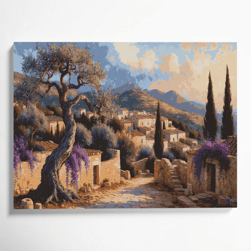 Art mural sur toile brun avec villes chypriotes, 11" H x 14" W