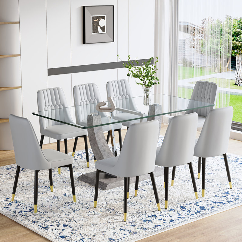 Ensemble de table de salle à manger moderne en verre de 71 po pour 6 à 8 personnes, idéal pour les réunions de famille, Gris