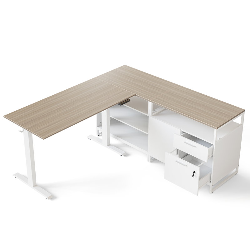 Bureau debout réglable en L de 66,1 po de hauteur avec cabinet de rangement, Blanc