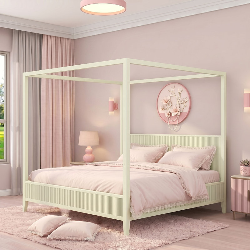 Lit plateforme à baldaquin avec tête de lit, Beige, Très grand lit