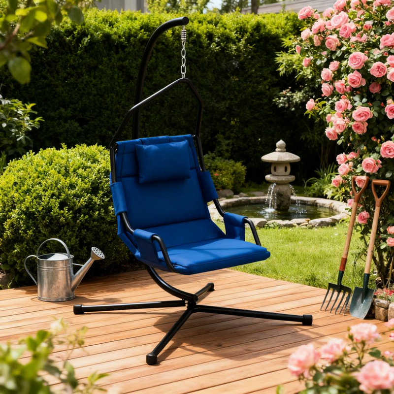 Chaise suspendue avec support, assise confortable rembourrée et coussin en tissu enduit de peinture en poudre, cadre en acier poudré, crochet à ressort réglable pour une balançoire en toute sécurité, support et coussin avec revêtement pour une utilisation intérieure et extérieure.