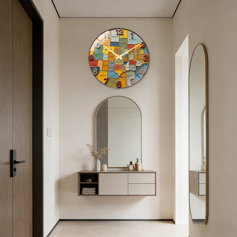 Horloge murale décorative avec carte d'État colorée - Horloge murale moderne en verre de 61 cm (24 po)