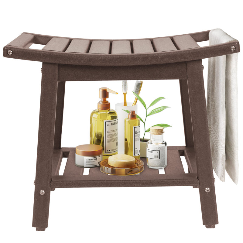 Oberst 21.7"W HDPE Shower Bench Stool with Storage Shelf Waterproof Shower Chair Spa Bath Seat, Brown