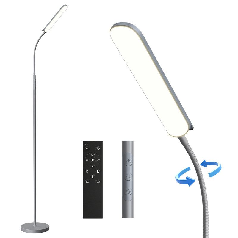 Dimmable LED Floor Lamp with Adjustable Gooseneck, Standing Reading Light with Remote Control, Silver