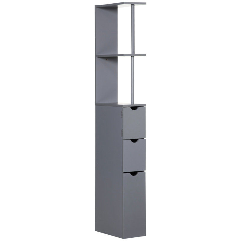 Armoire de salle de bain grise de 54 po de hauteur. 2 tablettes et 2 tiroirs. Autoportante et peu encombrante. Support de structure solide. Support mural supplémentaire. Rangement pour serviettes. L 13 po x H 52,99 po. Poids: 22 lb. Assemblage requis