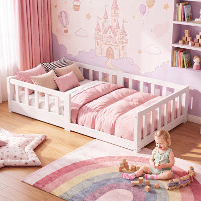 Lit Montessori en pin massif pour tout-petits, cadre de lit bas pour enfants avec barrières de sécurité complètes pour chambre de garçon ou de fille