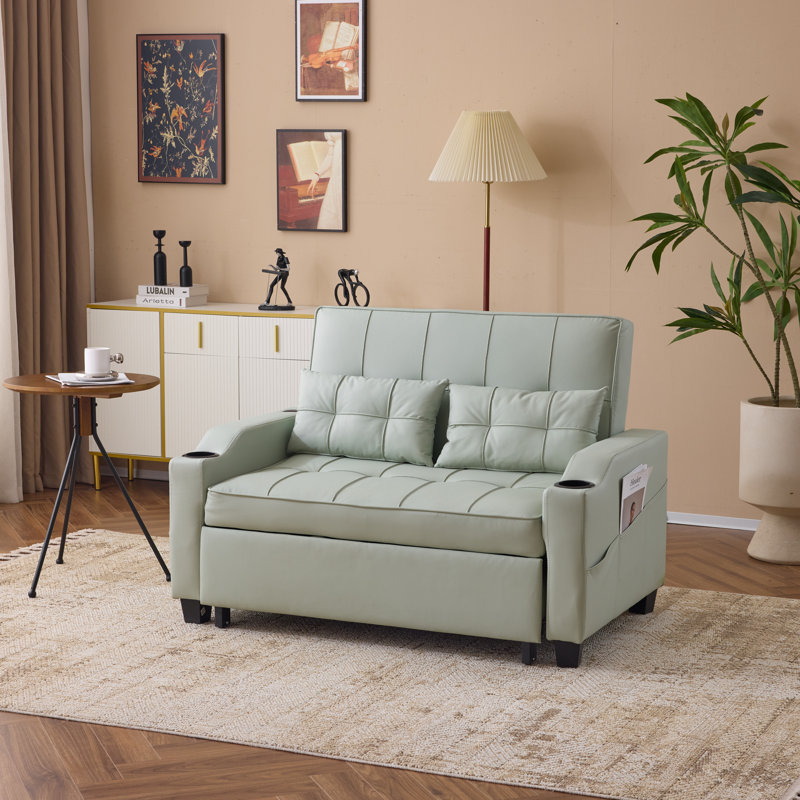 Upholstered Convertible Twin Size Loveseat Recliner Sleeper Couch Pull Out Sofa Sofa Bed For Small Spaces, Light Green