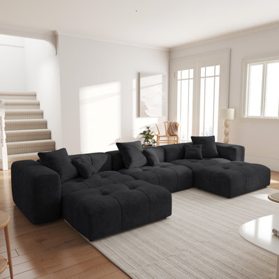 Kay Crumley Upholstered Modern Linen Fabric Sectional Sofa With Ottoman