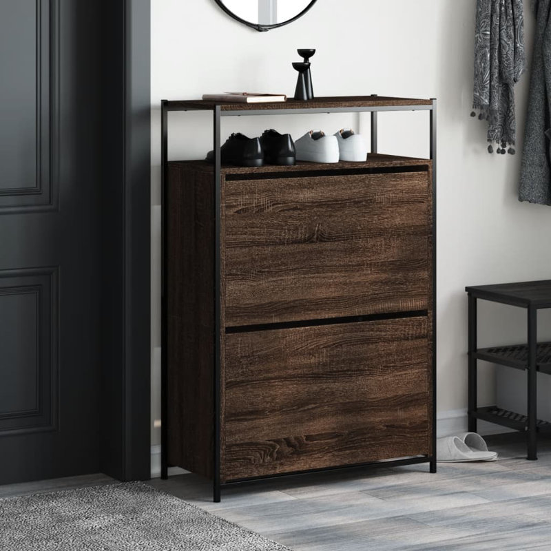 8 Pair Shoe Storage Cabinet, Brown Oak
