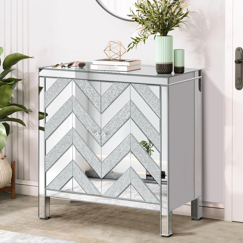 Armoire de rangement en forme de M à finition miroir - Argent pour la vie, la salle à manger, le vestibule, la cuisine et le verre avec garniture robuste