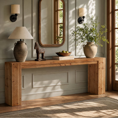 Console en bois massif de 78,74 po, canapé d'entrée rustique étroit avec pieds en bloc épais, mobilier d'appoint long de style maison de campagne, assemblage facile