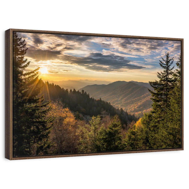 Lever de soleil dans les Smoky Mountains, Cadre flottant noyer, 40 po x 27 po