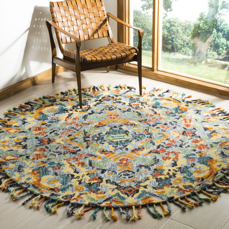 Jahiem Hand-Knotted Wool Blue Area Rug, Round 4'