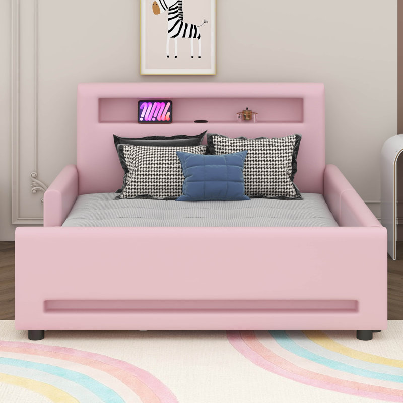 Upholstered LED Bed Frame With Drawer And USB Port, Upholstered Bed Frame With Storage, Full, Pink