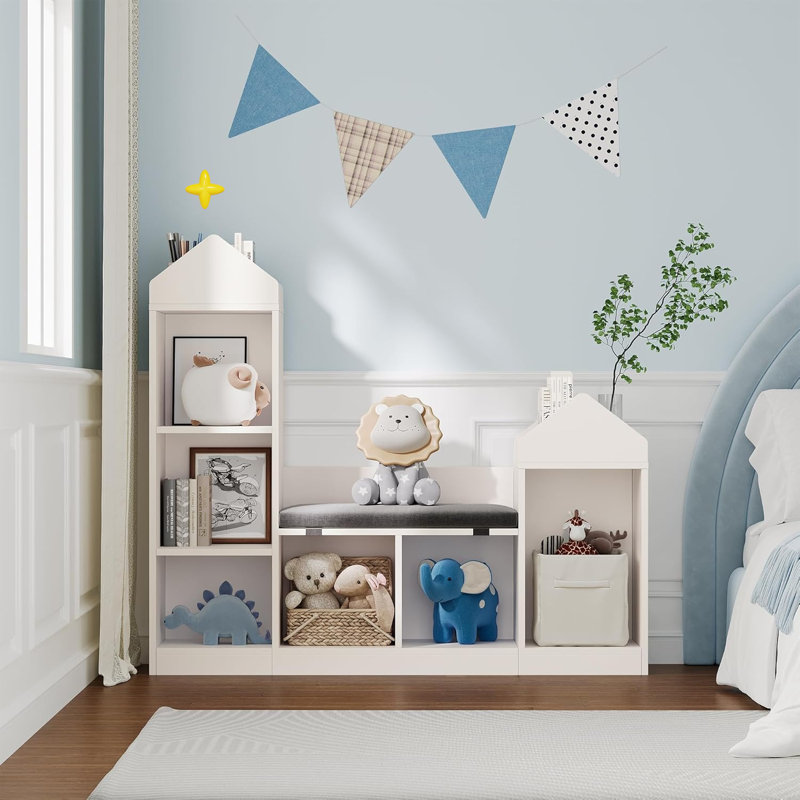 Bibliothèque pour enfants avec coin lecture, 6 casiers de rangement pour jouets