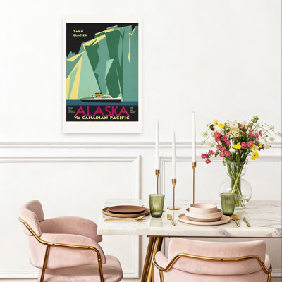 Alaska via Canadian Pacific. Affiche murale hivernale colorée au style rétro vintage représentant le glacier Taku.