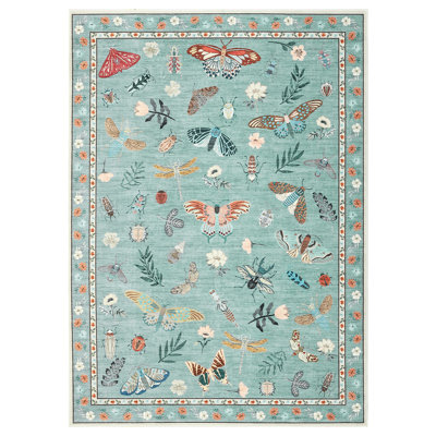 Insect Floral Area Rugs Modern Accent Carpet with Non-Slip Backing, Stain-Resistant Low Pile Floor Cover, Machine Washable Ultra-Soft Indoor Mat for Living Room, Bedroom, Kitchen