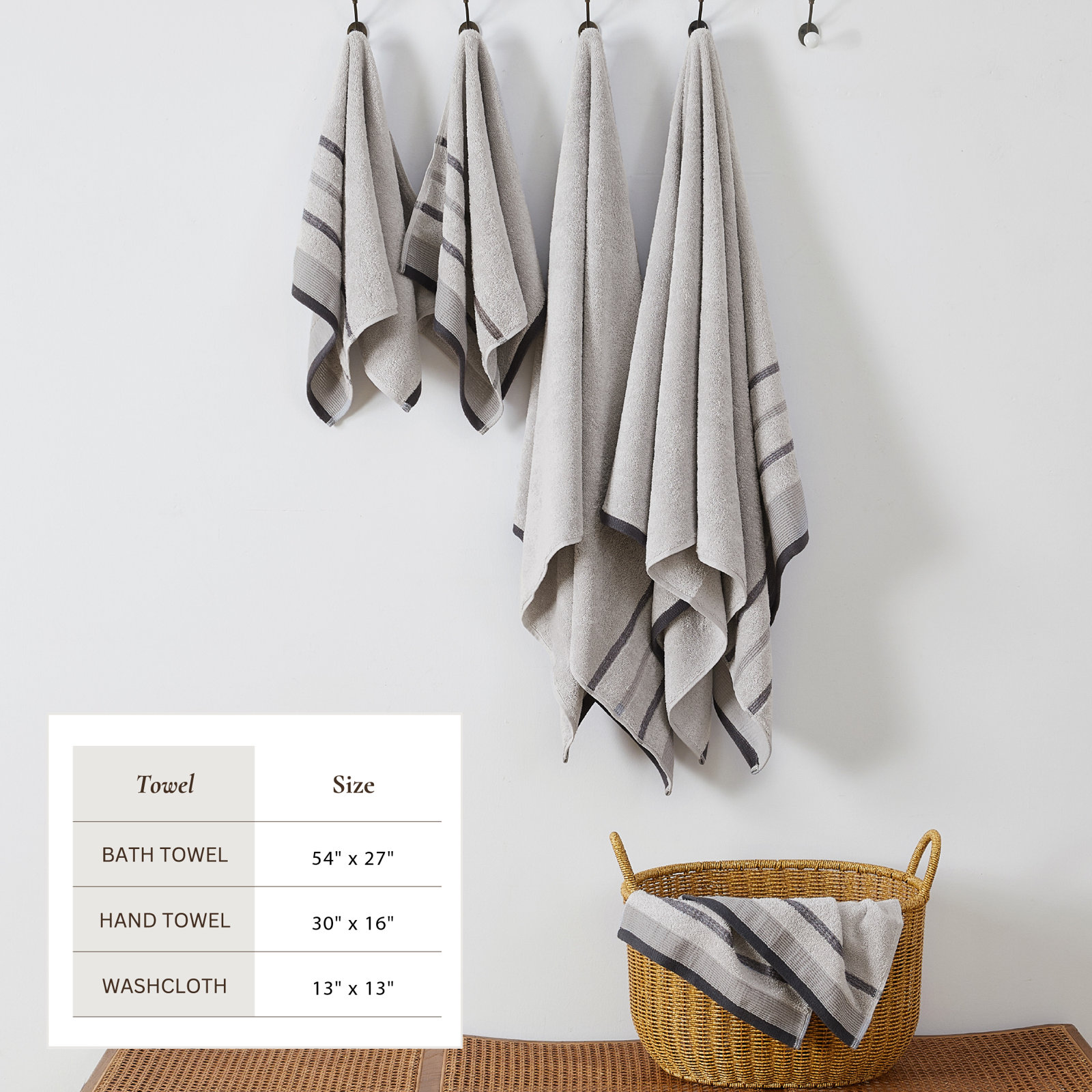 Deanthony Cotton Bath Towel, Light Gray/Mid Gray/Dark Gray, 6 Piece Towel Set