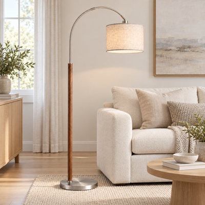 Lampe sur pied arquée argentée pour salon, en bois massif avec télécommande et ampoule ambrée, fini noyer