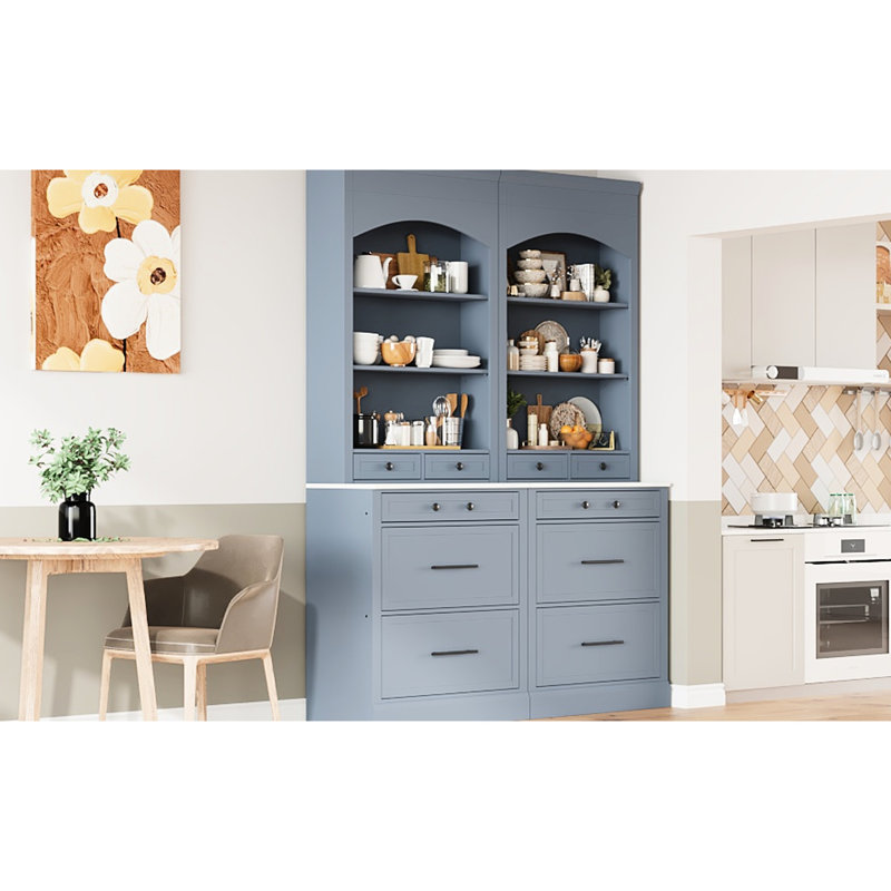 2 83.7Inch High Kitchen Pantry, Gray, Faux Marble Countertop, Cupboard With 5 Drawers And Adjustable Shelf For Functional Use Freestanding Cabinet, Surface, Storage Modern