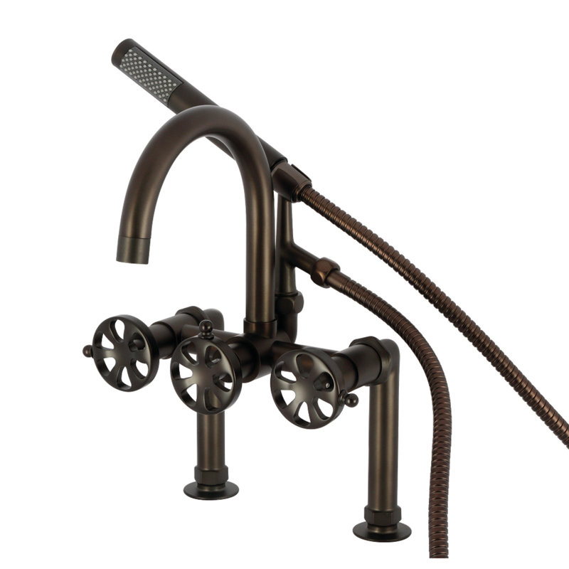Kingston Brass Belknap Three-Handle 2-Hole Deck Mount Clawfoot Tub Faucet with Hand Shower, Dark Brown