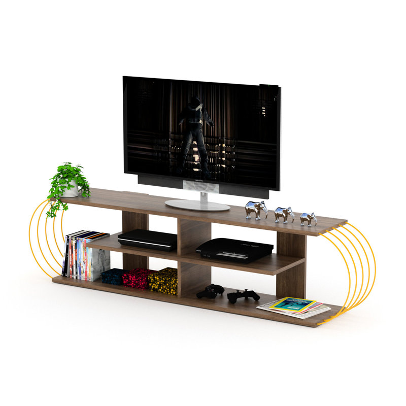Mid Century Modern Walnut/yellow Entertainment Centre, 68 Inch Tv Stand With 4 Shelves Open Storage Solid Wood Storage,