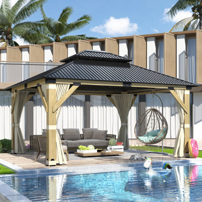 13 ft x 11 ft Outdoor Solid Wood Gazebo - Patio Galvanized Steel Hardtop Gazebo