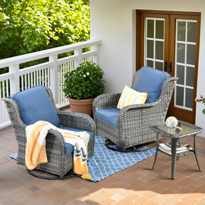 Tommy Swivel Wicker Rattan Outdoor Rocking Chairs Set with Cushions by Lark Manor