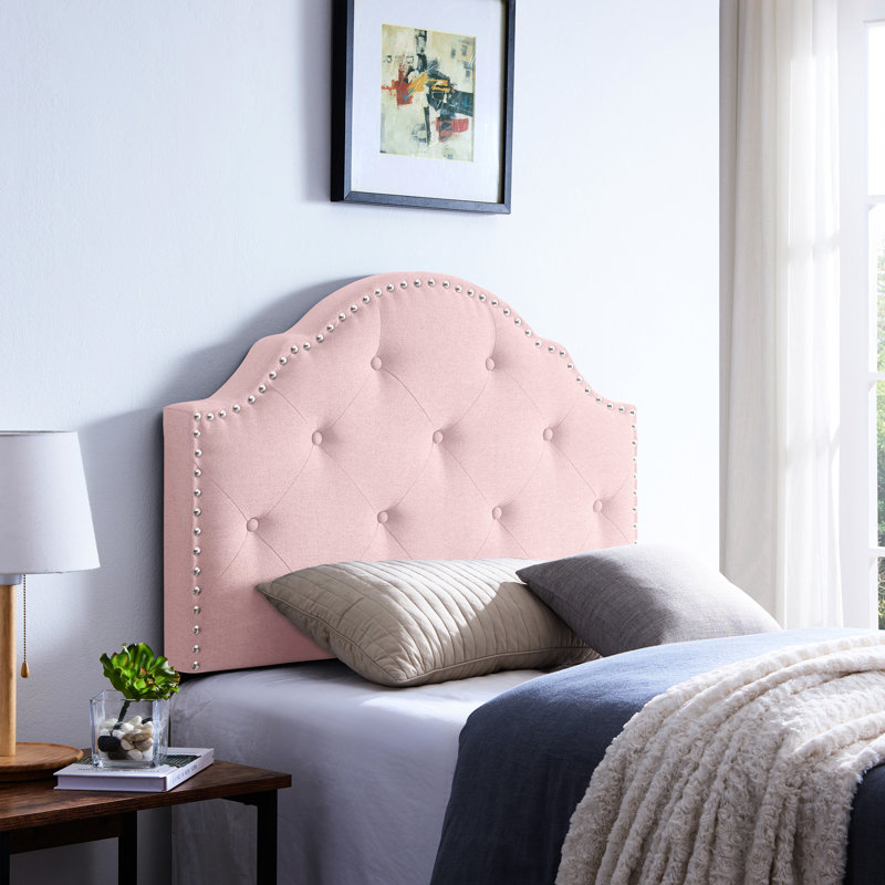 Twin Sized Upholstered Headboard In Blush, Accented With Button Diamond Stitch And Nailhead Contemporary Showcasing Captivating Elegant Trim