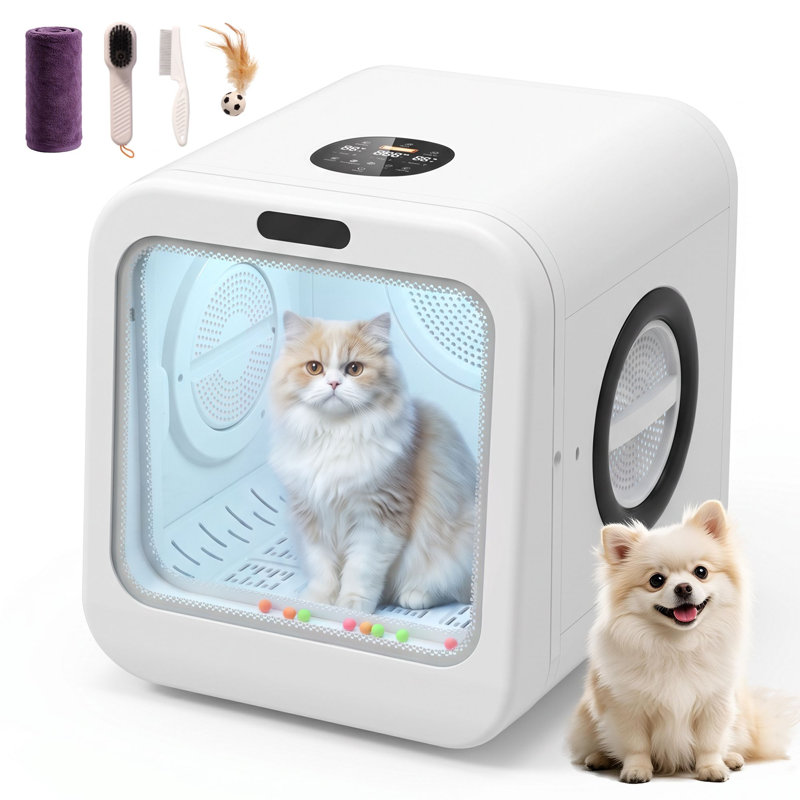 Pet Dryer Box for Cats and Small Dogs, 70L Ultra-Quiet Drying Cabin, Automatic Pet Grooming Dryer with 360°Airflow, Voice Control, 2 Million Negative Ions, Petting Window, Adjustable Speed and Temp