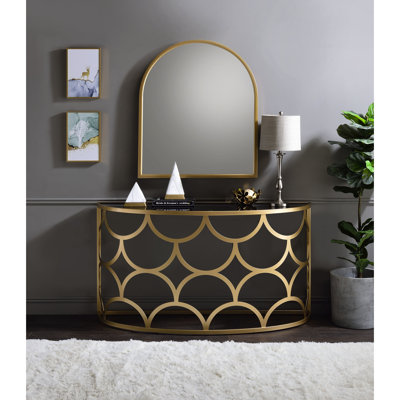 Console en or, plateau en verre trempé de 8 mm, base en métal, style demi-lune, capacité de poids de 70 lb, l 54 po x P 18 po, H 29 po, sans armoire de rangement dorée avec plateau et forme, capacité, largeur, hauteur, intérieur