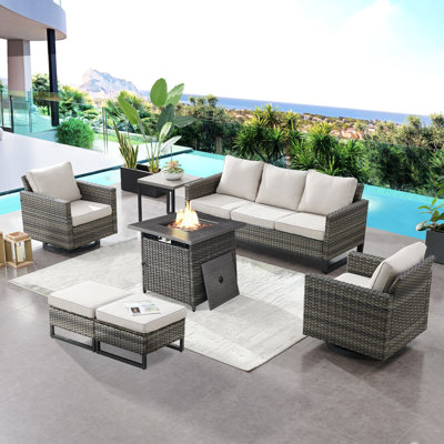 Ensemble de canapé d'extérieur 7 pièces Naresa, ensemble de mobilier de patio en osier avec table de foyer extérieur