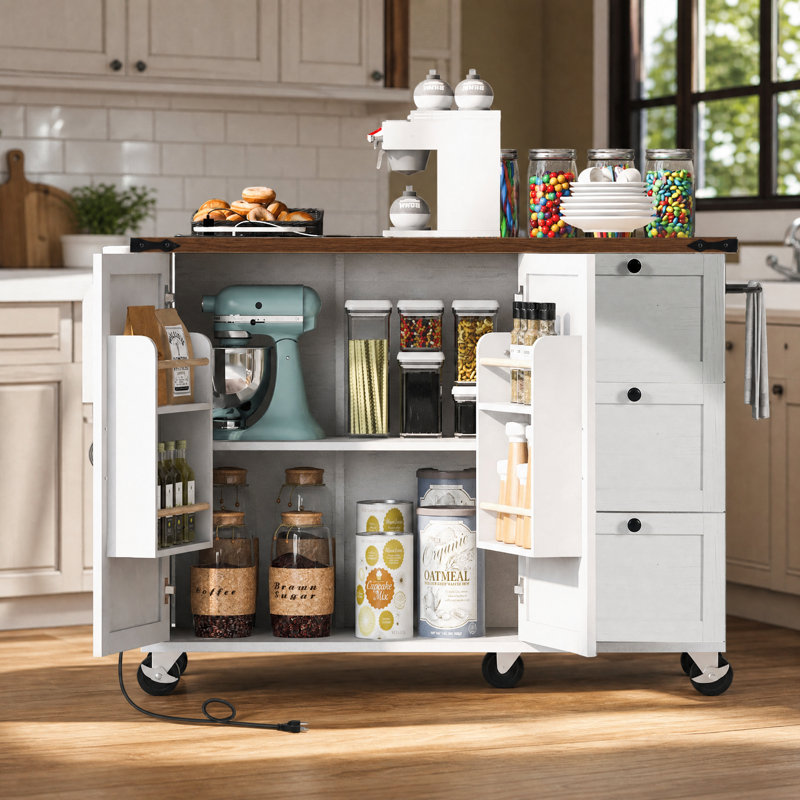 Îlot de cuisine de style campagnard de 54,5 pouces avec abattant et prise électrique, White